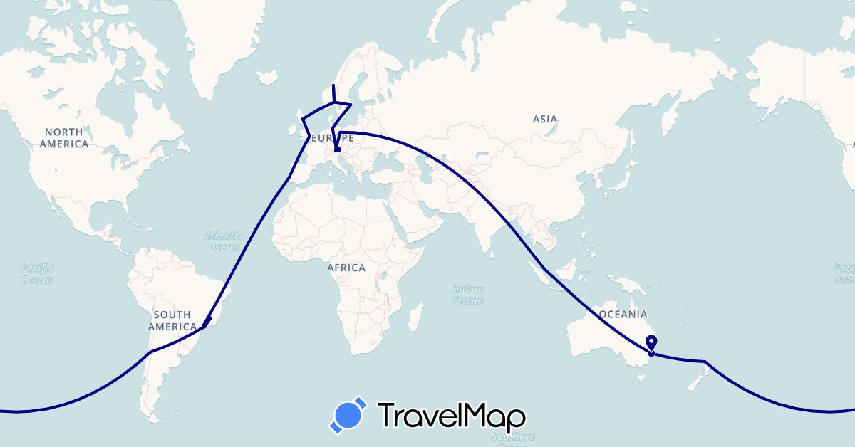 TravelMap itinerary: driving in Austria, Australia, Brazil, Chile, Germany, Denmark, United Kingdom, Norway, New Zealand, Portugal, Sweden, Singapore (Asia, Europe, Oceania, South America)